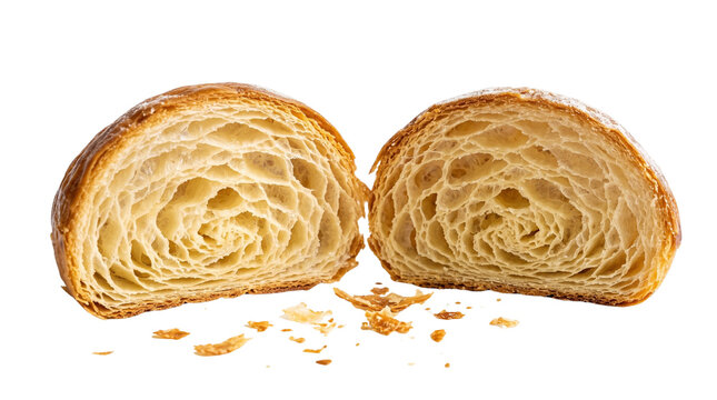Golden buttery croissant cut in half revealing honeycomb interior layer, isolated bakery pastry photo on white background, fresh morning breakfast food