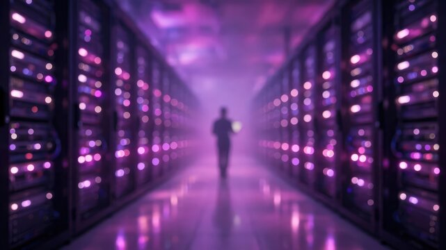 Data center server room background with blurred silhouette of a technician walking through rows of glowing purple server racks in a high tech digital infrastructure environment
