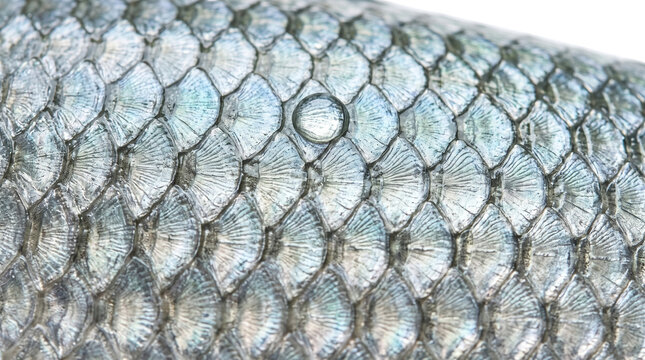 Silver fish scales macro texture, metallic animal skin pattern background, shiny wet fish scale surface with water droplet