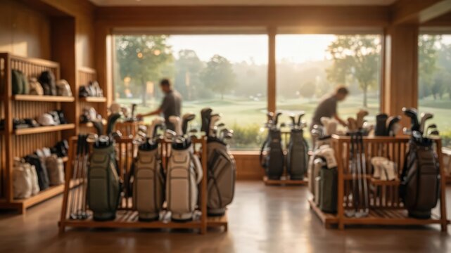 Golf pro shop interior with blurred golf bags and equipment, featuring a bright window view of a golf course at sunset for a professional sports retail or club house atmosphere.