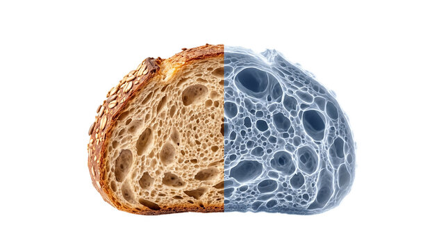 Freshly baked sourdough loaf split with blue mold comparison, artisan whole grain bread slice cross section, bakery food photography isolated on white