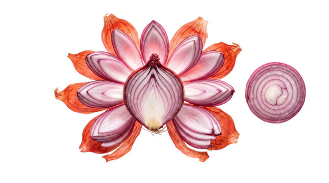 Red onion slice mandala art on white background, creative purple onion flower arrangement, fresh organic vegetable ingredient overhead layout