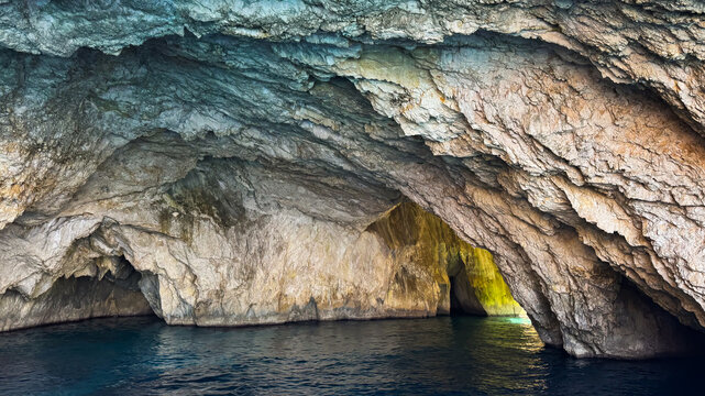 Interior of a large limestone sea cave with layered rock walls, warm golden and green light at the exit and calm deep blue water, Paxos, Ionian Islands, Greece