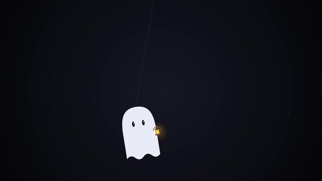 Visual hantu putih sederhana berbentuk kain yang berayun lambat ke kiri dan kanan layaknya pendulum jam, memegang lentera kecil yang cahayanya berkedip lembut dengan partikel debu tipis melayang di ba