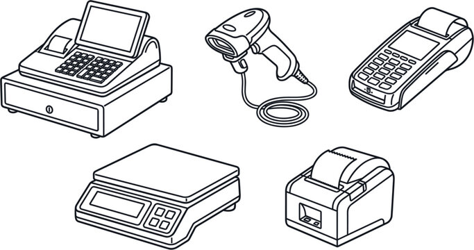 Retail Store Point of Sale Terminal Hardware Icon Set Vector Line Art Featuring Cash Register Barcode Scanner POS Payment Terminal Scale and Receipt Printe