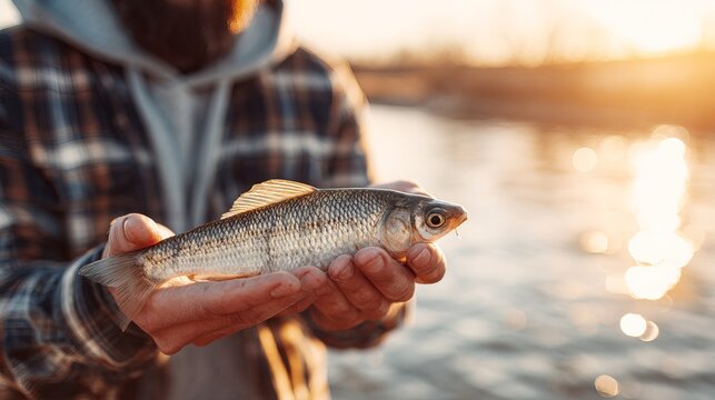 Man in flannel shirt holding a freshly caught river chub fish in hands at sunset. Perfect for adventure travel blog banner, active lifestyle mobile app ad or camping gear catalog website