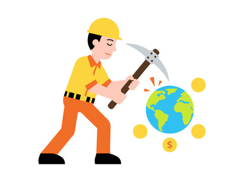 Conceptual cartoon illustration of a miner using a pickaxe on the Earth globe to extract gold dollar coins, representing global wealth and resource exploitation.