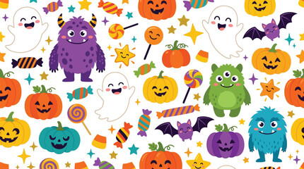 Obraz premium Seamless vector pattern featuring cute Halloween monsters, funny pumpkins, cheerful ghosts, and sweet candies