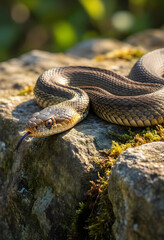 Fototapeta premium Wildlife conservation and biodiversity, garter snake with tongue flicking on a mossy rock in a natural forest habitat during a sunny spring day
