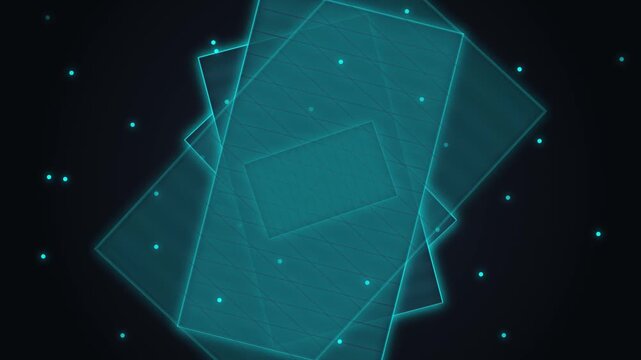 Neon Blue Geometric Frames Rotating with Glowing Particles on a Dark Background Digital Background