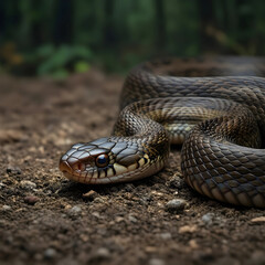 Obraz premium Wildlife conservation and biodiversity, wild snake crawling on forest ground in natural habitat for environmental research and biology education projects