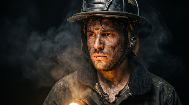 Close up portrait of a male firefighter with soot on his face, looking intently into the camera amidst dark smoke. Heroic firefighter concept.