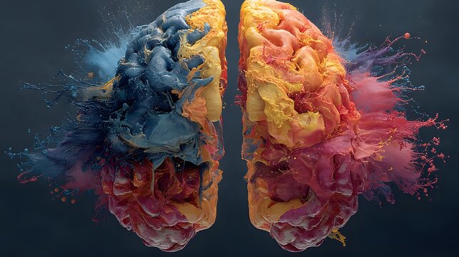 Colorful paint splash forming human brain hemispheres, symbolizing creativity, logic, and dynamic mental energy.