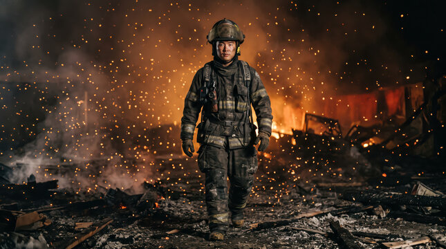 Courageous firefighter walking through smoke, embers, and burning debris after extinguishing a structure fire. Heroic action portrait.
