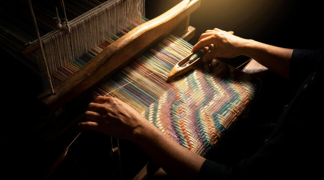 Close up hands of artisan weaving traditional patterned fabric on a vintage wooden loom with shuttle