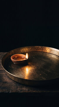 Single floating diya reflected in a brass thali of water, Diwali