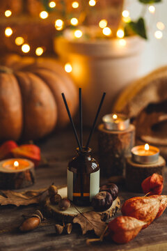 Concept of cozy fall home atmosphere, aromatherapy. Perfume, appartment aroma reed diffuser with autumn scent of pumpkin pie, cinnamon, anise. Room decor with pumpkins, wool plaid, scented candles. 