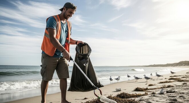 Man cleaning beach with trash picker
