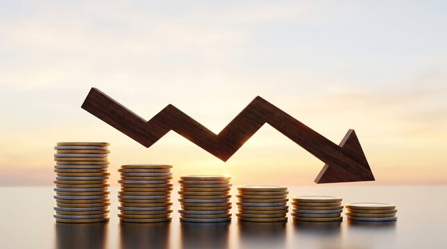 Coins stacked decrease across height comparison. Finance investment recession crisis. money budget saving expense, value reduction down decayed, risk loss