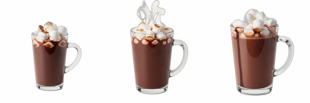 Clear glass mug of rich hot chocolate topped with whipped cream and mini marshmallows sweet winter treat