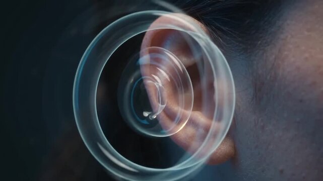 Human ear anatomy close up showing detailed skin texture and natural curves with transparent circular device over skin surface soft lighting for medical and health care visualization of auditory