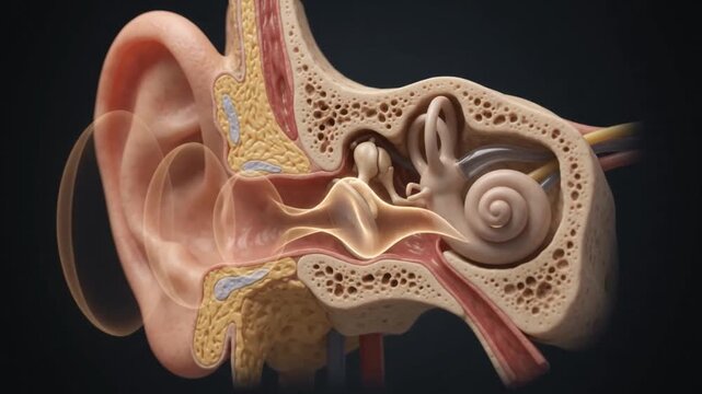 Detailed human ear anatomy cross section illustrating outer ear, ear canal, eardrum, middle ear bones, cochlea, auditory nerve, and inner ear structures for educational and medical study purposes