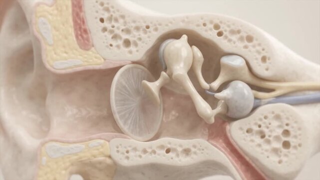 Human ear anatomy detailed inner ear structure with bones cochlea model showing cross section auditory components medical illustration sound waves educational detail natural soft colors