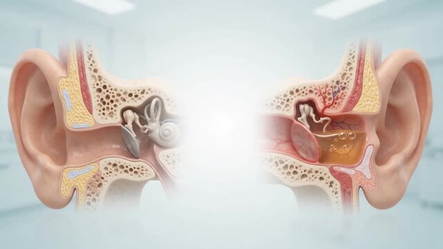 Human ear anatomy cross section detailed internal structure with ear canal eardrum cochlea middle ear bones tissues medical background education health hearing system illustration