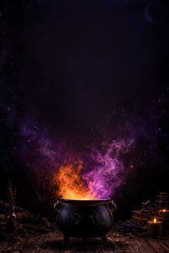 Spooky Halloween Witch Cauldron with Glowing Magic Potion Smoke and Candles Background