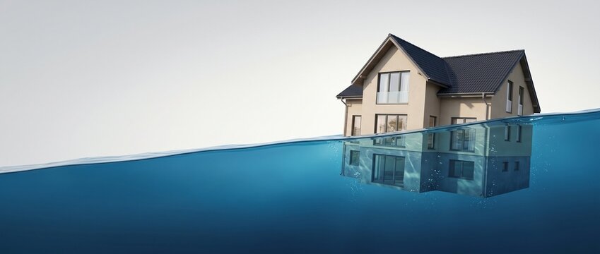 House half submerged in water. Conceptual image for underwater mortgage, debt, flood insurance, natural disaster or climate change. Wide banner