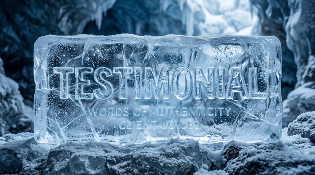 Elegant frozen ice testimony banner. The word 'TESTIMONIAL' is hand-carved into a large, clear block of glacial ice. Trapped air bubbles and internal fractures catch the soft blue light. 
