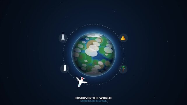 Flat vector animated planet earth with orbiting airplane and travel landmarks for global tourism and international flight motion graphics 4K animation