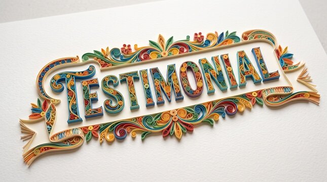 Intricate quilled paper testimony banner. The word 'TESTIMONIAL' formed by thousands of tiny, colorful rolled paper strips. Background is a clean off-white surface with soft studio lighting