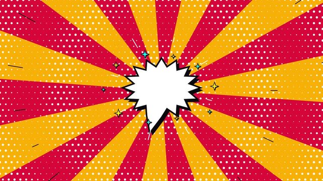 Pop art comic style speech bubble animation with vibrant sunburst rays and halftone dot texture motion graphic 4K animation