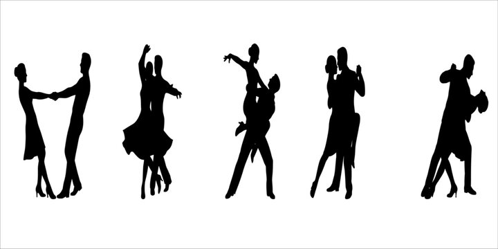 Set of black silhouettes of couples performing various ballroom and latin dance moves on white background