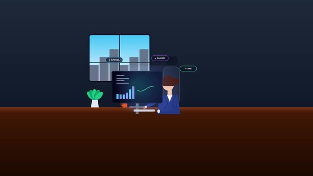 Flat vector business person working on financial data analysis with animated stock market charts on computer screen motion graphic 4K animation