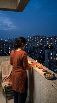 Woman lighting the last diya on a city balcony, quiet modern Diwali