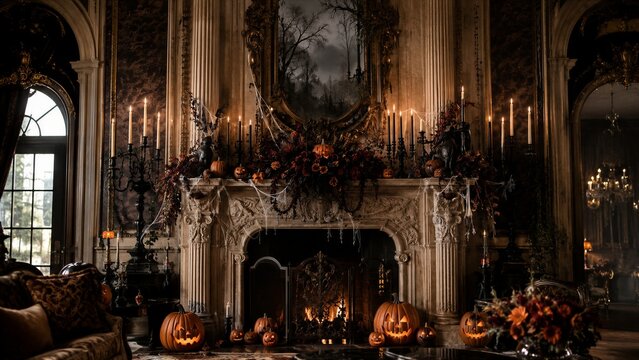 Halloween decorated grand interior with carved pumpkins and candlelit fireplace. Ornate mantel with autumn foliage and cobwebs. Seasonal party decor. Gothic holiday interior styling.