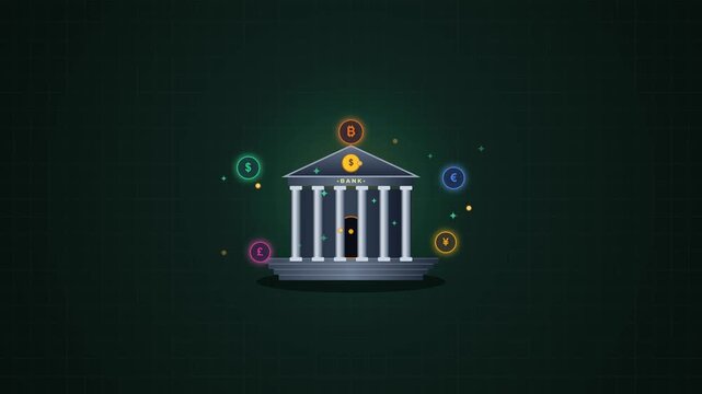 Seamless looping 2D motion graphic of neoclassical bank building surrounded by floating digital currency and crypto symbols 4K animation