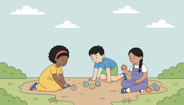 Three children play marbles on a dirt ground in a grassy park under a peaceful blue sky with fluffy white clouds.
