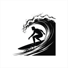 Fototapeta premium WebBlack And White Surfer Riding A Powerful Ocean Wave, Surfer Riding Inside A Large Barrel Wave In Artistic Style, Dynamic Surfing Silhouette With Powerful Ocean Wave
