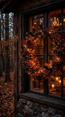 Fototapeta premium Halloween wreath with bats, pumpkins and pinecones on a rustic cabin window. Autumn holiday decor for seasonal home styling. Halloween celebration and fall harvest tradition.