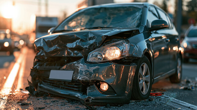 Car accident damaged vehicle crash scene traffic collision broken headlight smashed bumper urban road injury risk emergency insurance car damage wrecked car metal glass road transport traffic