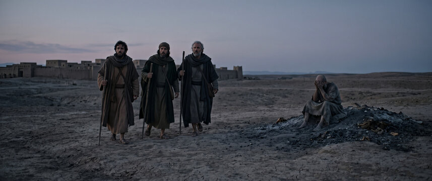 Job's three friends arriving to mourn with him in silence, Old Testament Book of Job biblical scene, suffering and grief, religious illustration