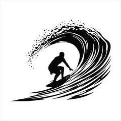Fototapeta premium Web Ocean Wave Surfer Illustration In Black And White Style, Surfer Balancing On Surfboard Inside A Barrel Wave, Powerful Wave And Surfer Silhouette For Surfing Design