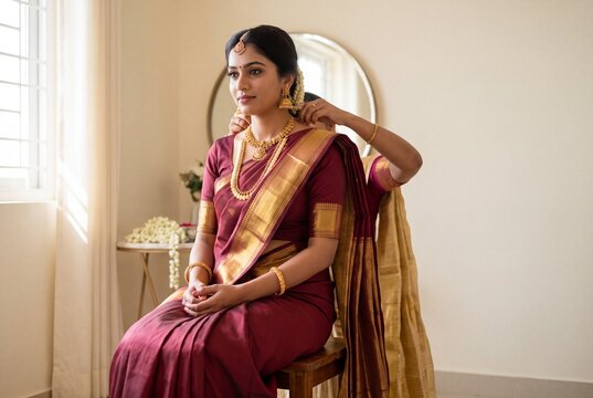 South Indian bride in a Kanjivaram silk saree with temple jewelry before her wedding