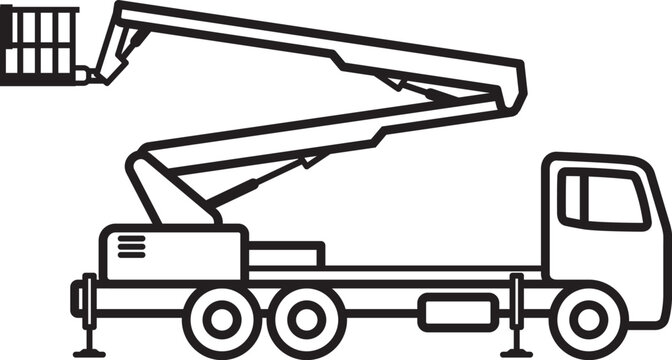 simple cherry picker boom lift truck construction vehicle outline silhouette side view icon symbol vector isolated on transparent background