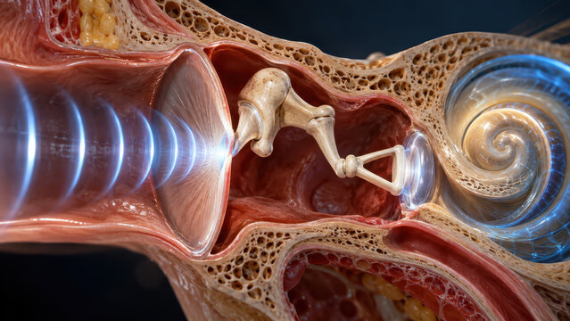 Human ear anatomy cross section showing detailed inner structure with bones and cochlea spiral in realistic medical illustration