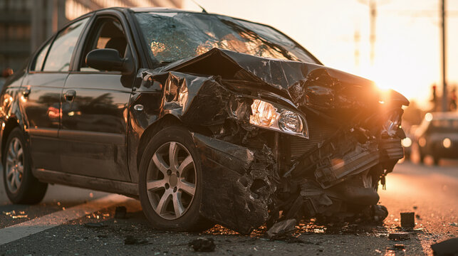 Car accident crashed car traffic collision road accident damaged vehicle urban street sunset light broken headlight personal injury insurance claim severely damaged car after traffic collision
