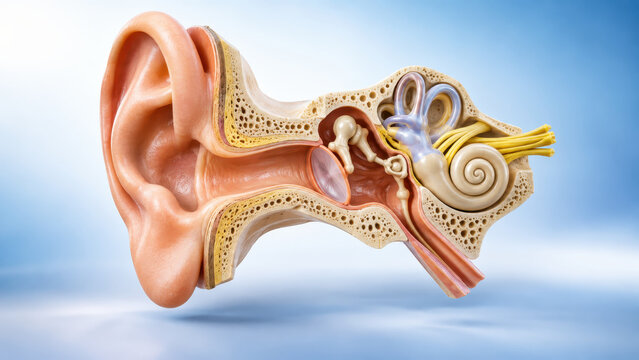 Human ear anatomy cross section showing outer middle and inner ear with cochlea auditory nerve and ear canal in detailed medical illustration
